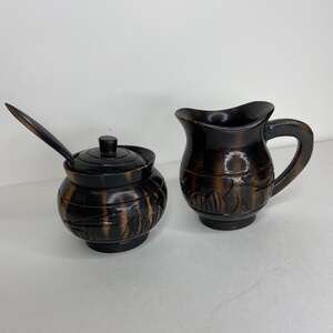Vintage Wooden Handcarved Cream & Sugar Dishes